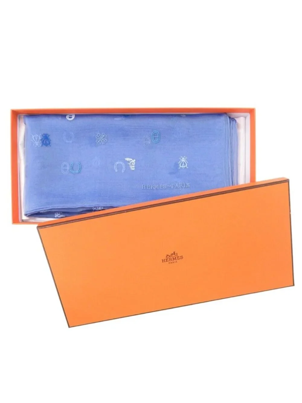 Hermes Carre 100 Multi Charm Silk Muslin Blue Scarf